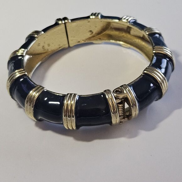 **Final Sale** J Crew Clamp Bangle Bamboo Look Blueberry Enamel Gold Tone Hinge - Picture 10 of 11
